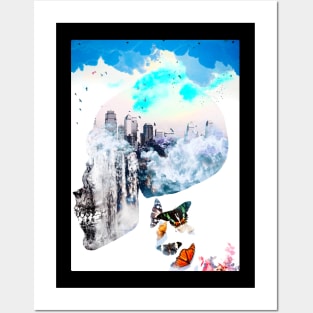 Mystic Skull beautiful blue sky city scape butterfly Posters and Art